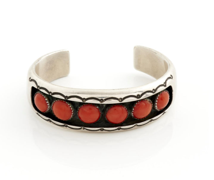 STERLING SILVER AND CORAL NAVAJO CUFF