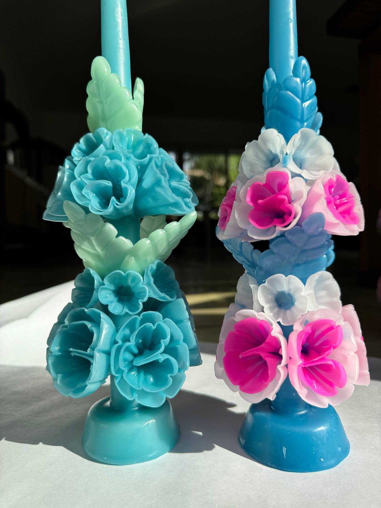 Tall Mexican Floral Candle-  Shallow + Deep Blues