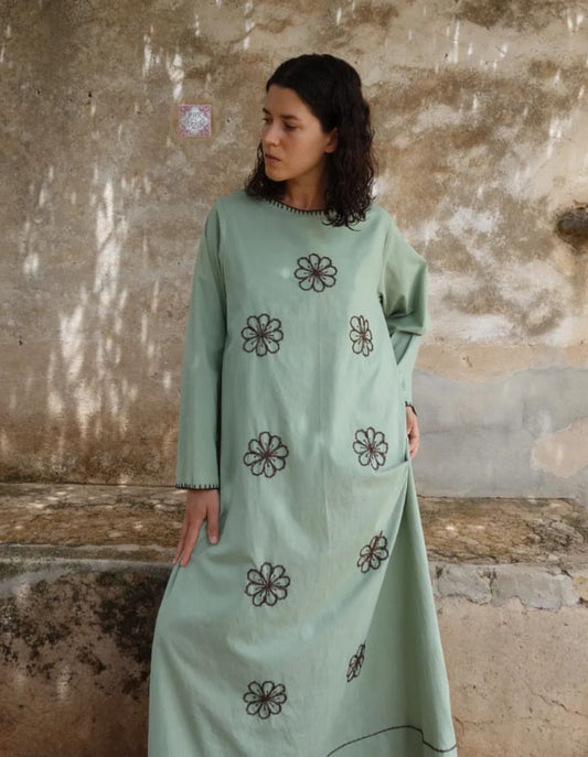 FLOWER ORGANIC DRESS WITH EMBROIDERY- SAGE