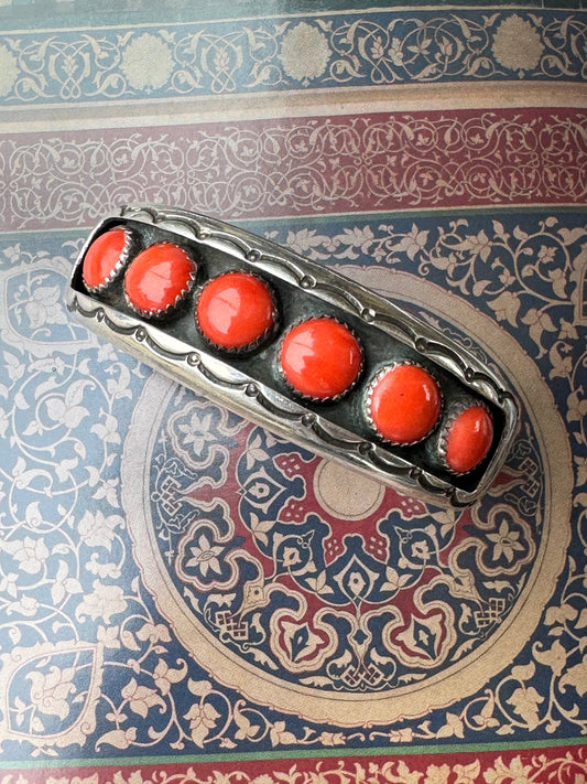 STERLING SILVER AND CORAL NAVAJO CUFF