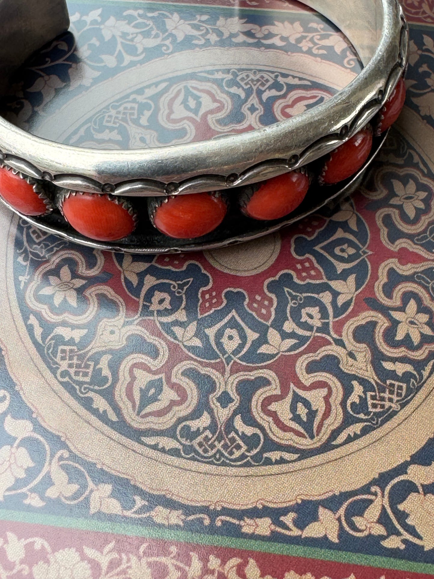 STERLING SILVER AND CORAL NAVAJO CUFF